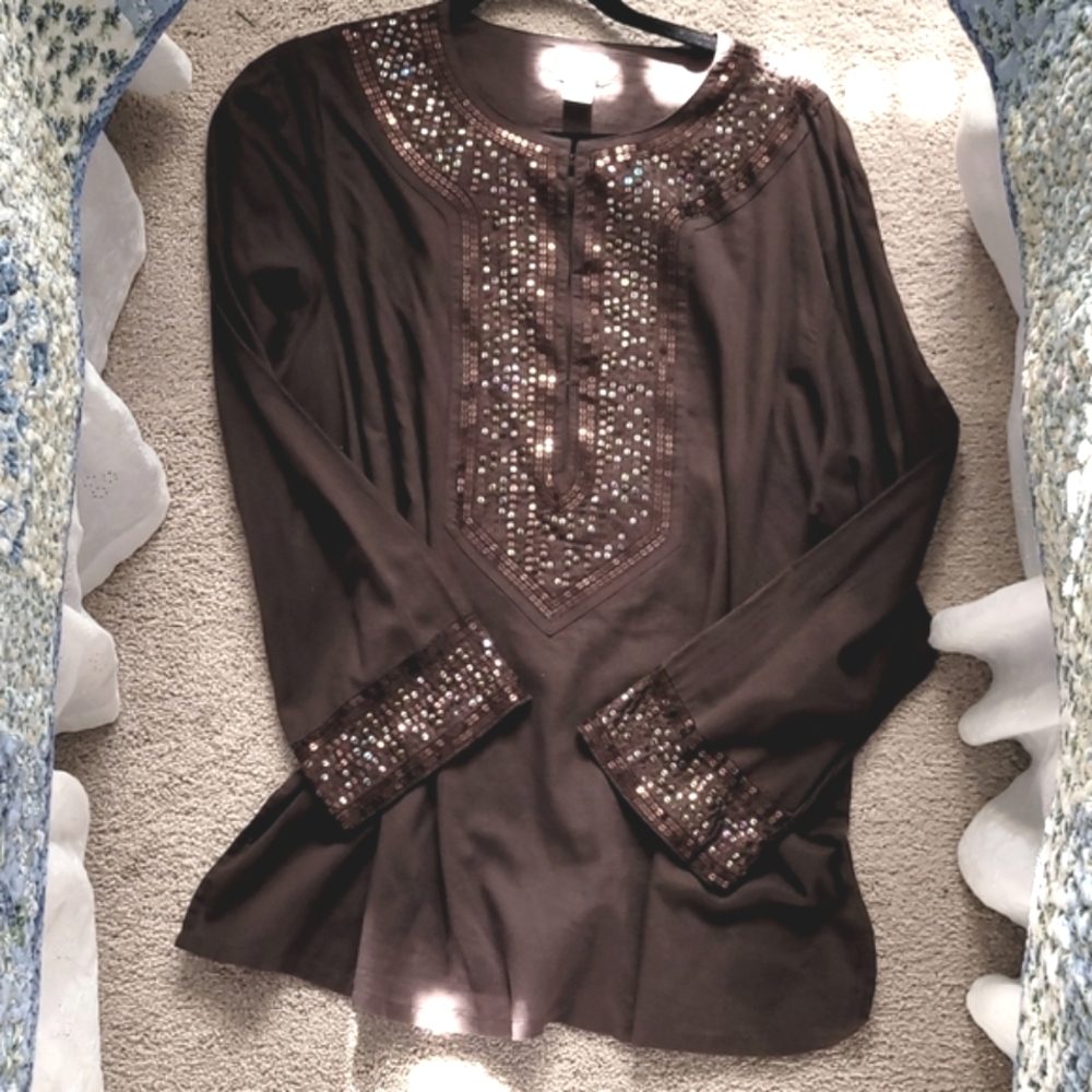 Chico's (3) Rich Brown Cotton Sequined Boho Tunic. 16/18